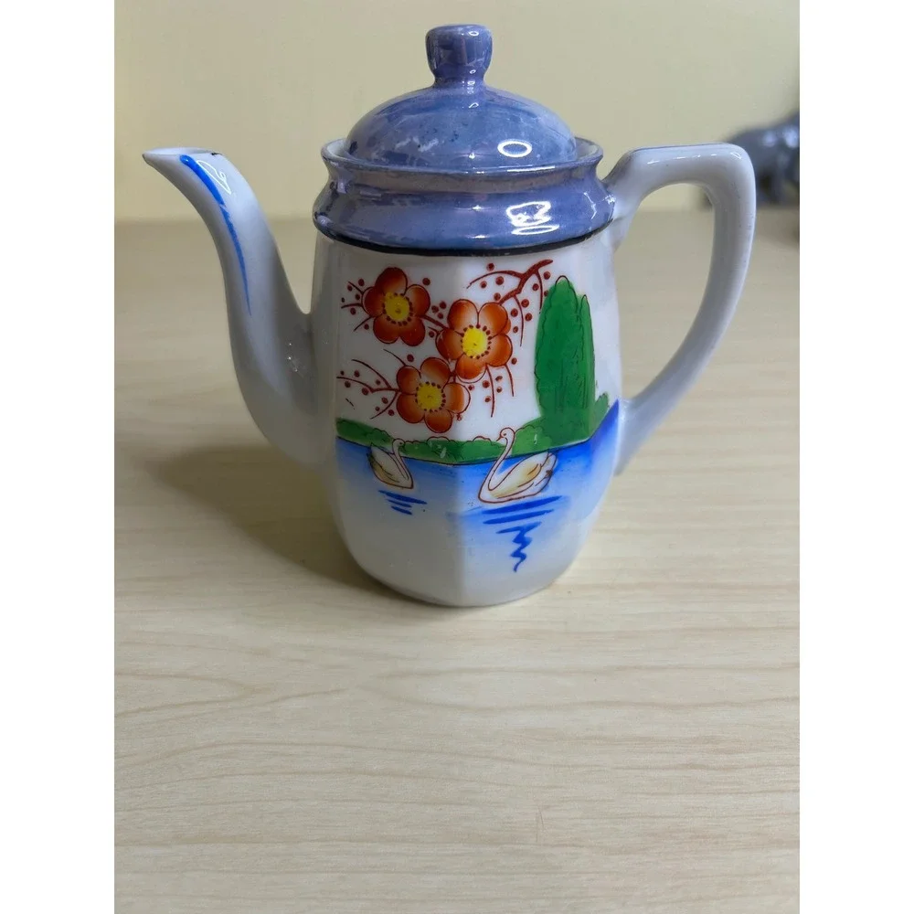 Vintage‎ Miniature Lusterware Tea Set Hand Painted Swan Landscape 17 Piece Set